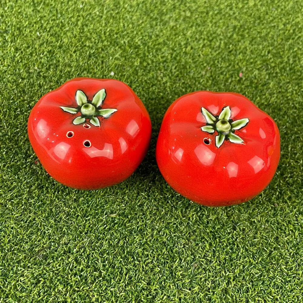 Vintage Set Ripe Tomato Glossy Red Ceramic Salt and Pepper Shakers